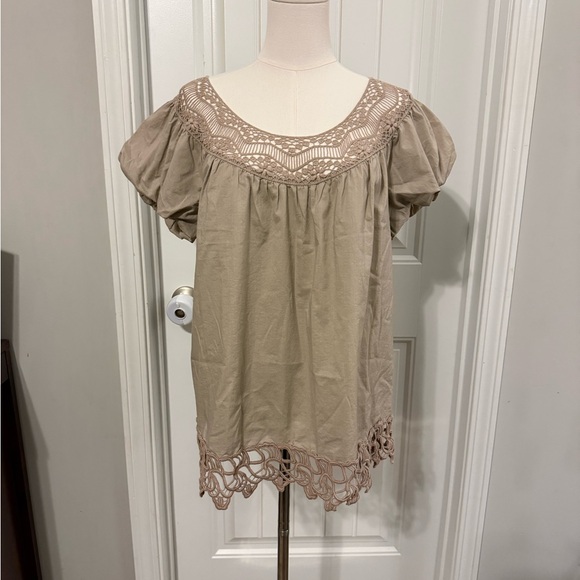 Apostrophe Tops - Apostrophe Beige Blouse with Lace Accents